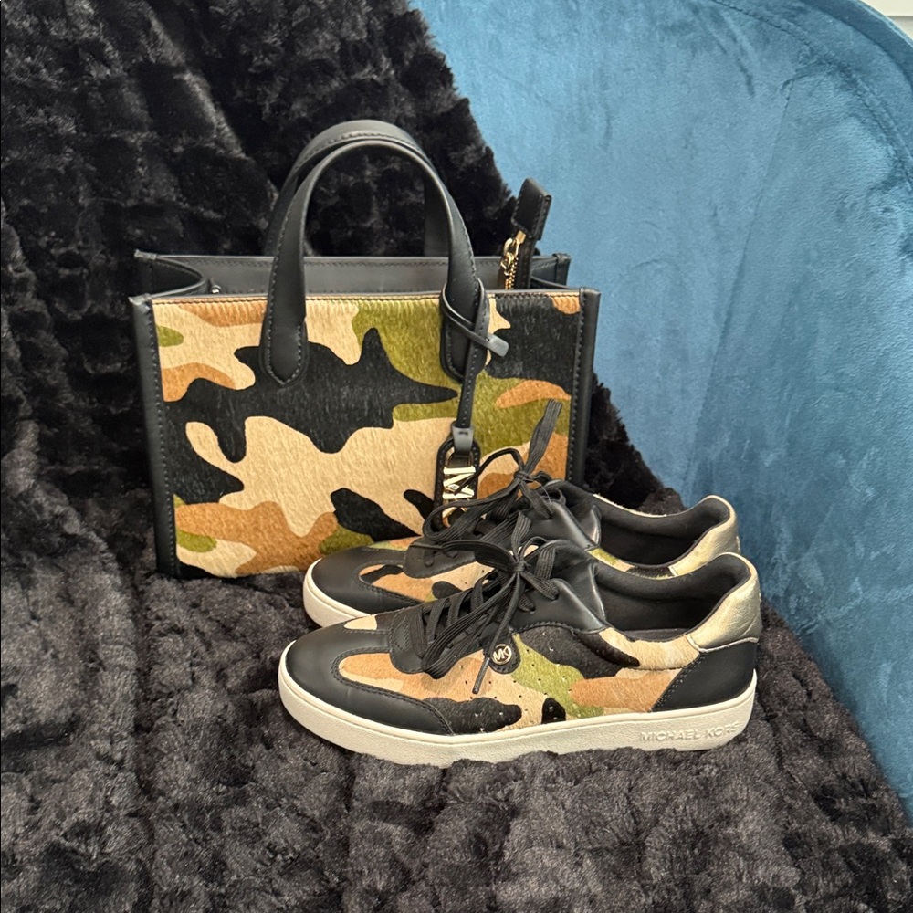 Michael Kors Camo Leather Satchel and Sneakers - Black, Tan, Olive